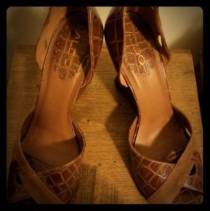 ALDO Brown Leather Animal print wedge sandals.